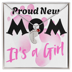 Proud New Mom - It's a Girl - Engraved Birthstone Pendant