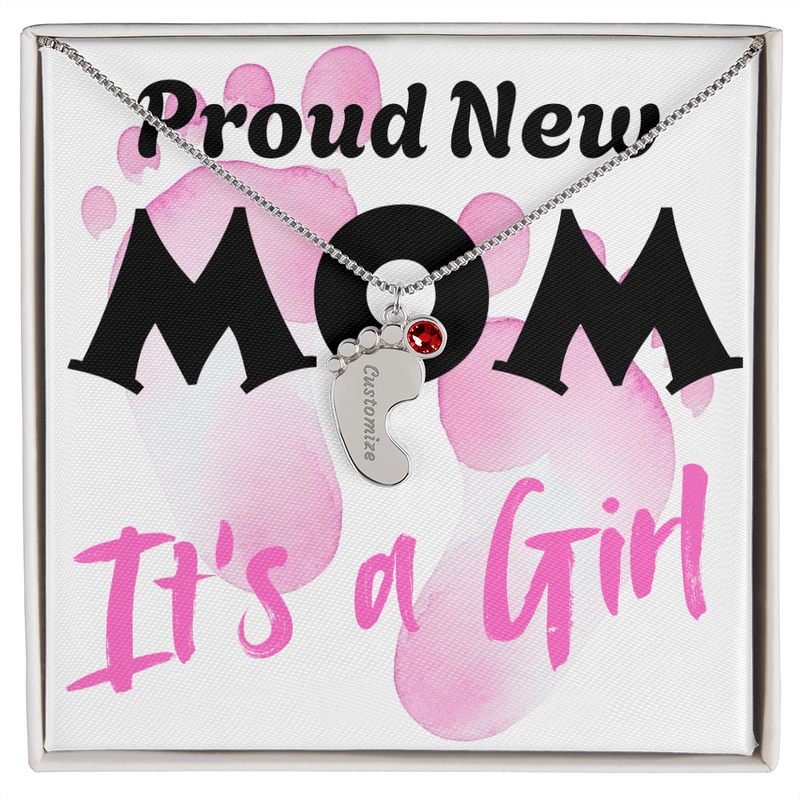 Proud New Mom - It's a Girl - Engraved Birthstone Pendant