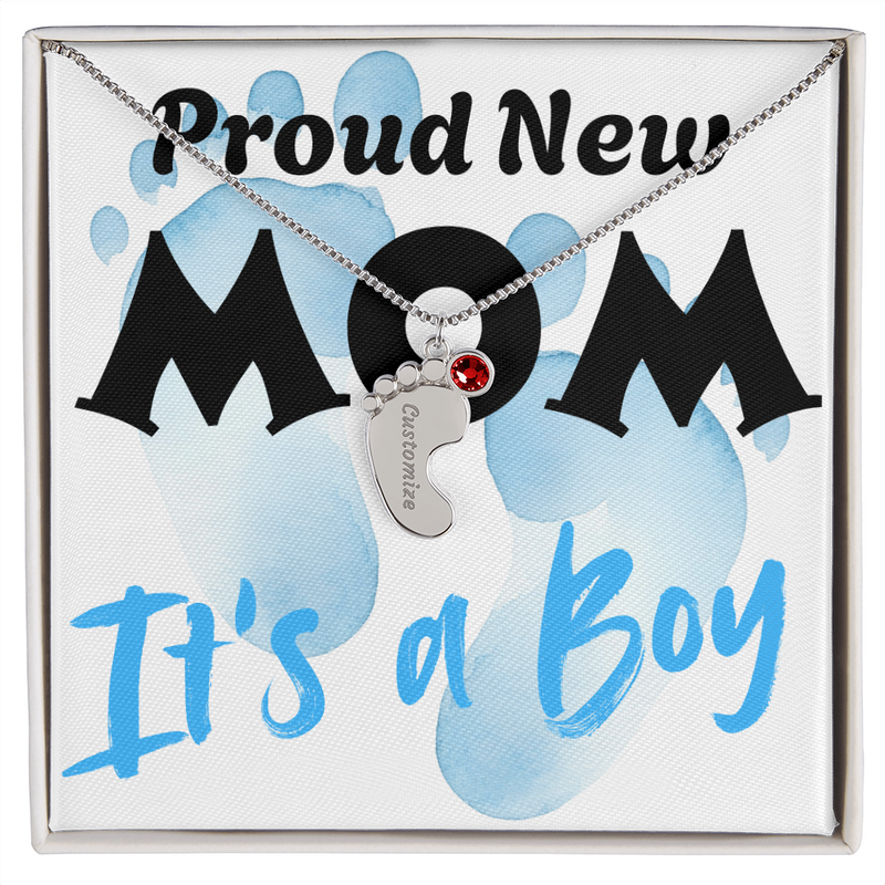 Proud New Mom - It's a Boy - Engraved Birthstone Pendant