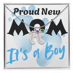 Proud New Mom - It's a Boy - Engraved Birthstone Pendant