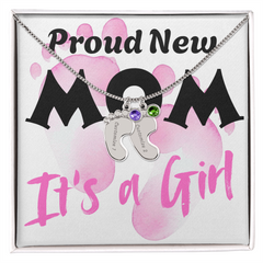Proud New Mom - It's a Girl - Engraved Birthstone Pendant