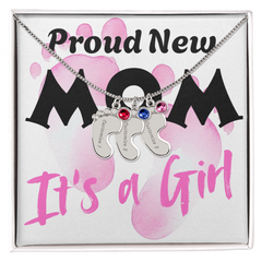 Proud New Mom - It's a Girl - Engraved Birthstone Pendant