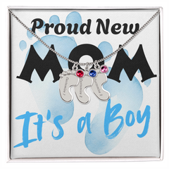 Proud New Mom - It's a Boy - Engraved Birthstone Pendant
