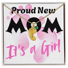 Proud New Mom - It's a Girl - Engraved Birthstone Pendant