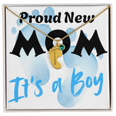 Proud New Mom - It's a Boy - Engraved Birthstone Pendant
