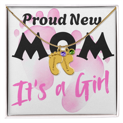 Proud New Mom - It's a Girl - Engraved Birthstone Pendant