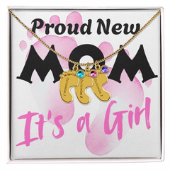 Proud New Mom - It's a Girl - Engraved Birthstone Pendant