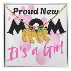 Proud New Mom - It's a Girl - Engraved Birthstone Pendant