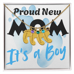 Proud New Mom - It's a Boy - Engraved Birthstone Pendant