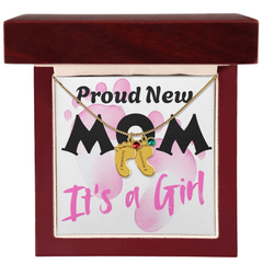 Proud New Mom - It's a Girl - Engraved Birthstone Pendant