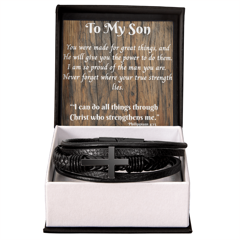 Mens metal cross leather bracelet To My Son